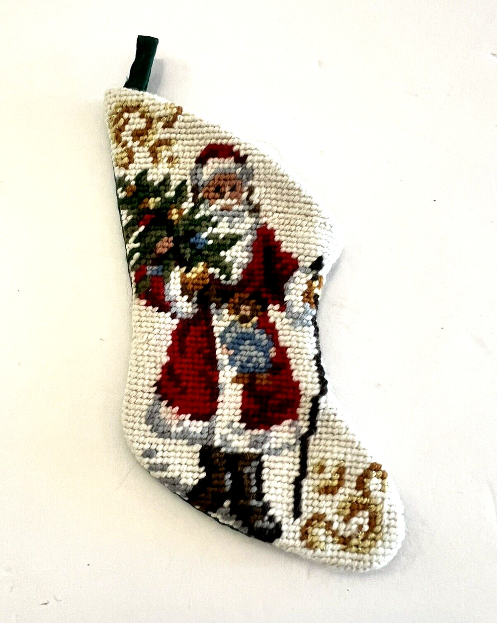Vintage Miniature Needlepoint Christmas Santa Stocking Ornament 5"